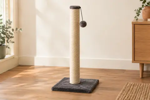 Griffoir poteau Feandrea en sisal naturel avec base en peluche et pompon suspendu