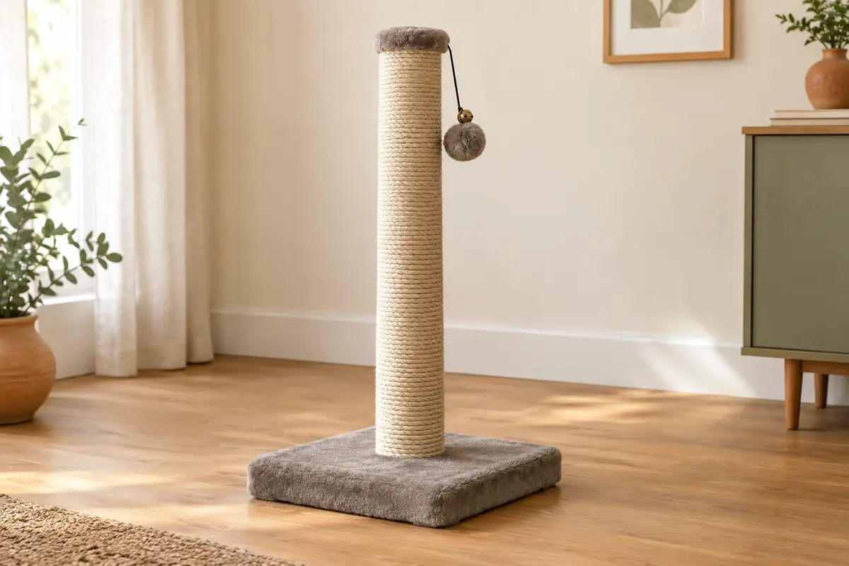 Griffoir Feandrea en sisal avec base renforcée et pompon à clochette dans un intérieur lumineux