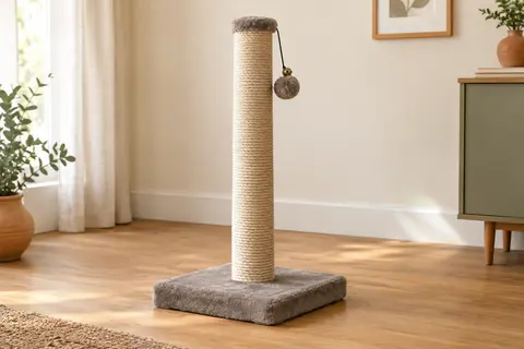 Griffoir Feandrea en sisal avec base renforcée et pompon à clochette dans un intérieur lumineux