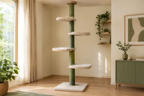 Arbre à chat beige à quatre plateformes, tronc en sisal vert et fixation réglable entre le sol et le plafond