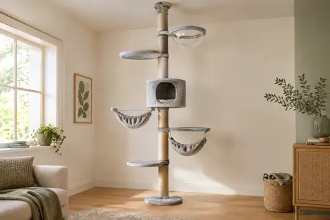 Arbre à chat vertical avec poteaux en jute, hamacs, condo semi-fermé et capsule transparente