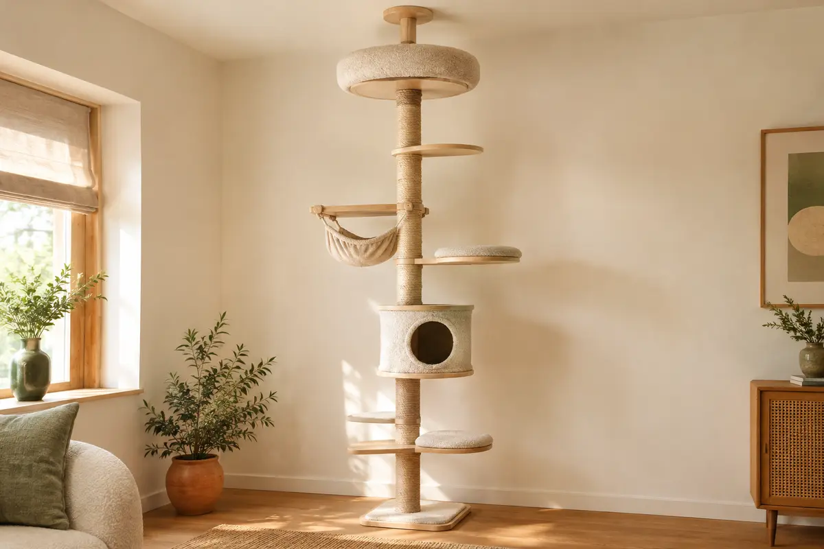 Arbre à chat vertical beige avec hamac, plateformes et poteaux en jute dans un intérieur lumineux.