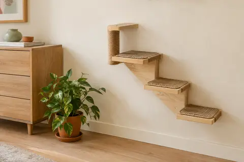 Petit escalier mural en bois clair à trois marches garnies de sisal, fixé seul sur un mur crème près d’une commode