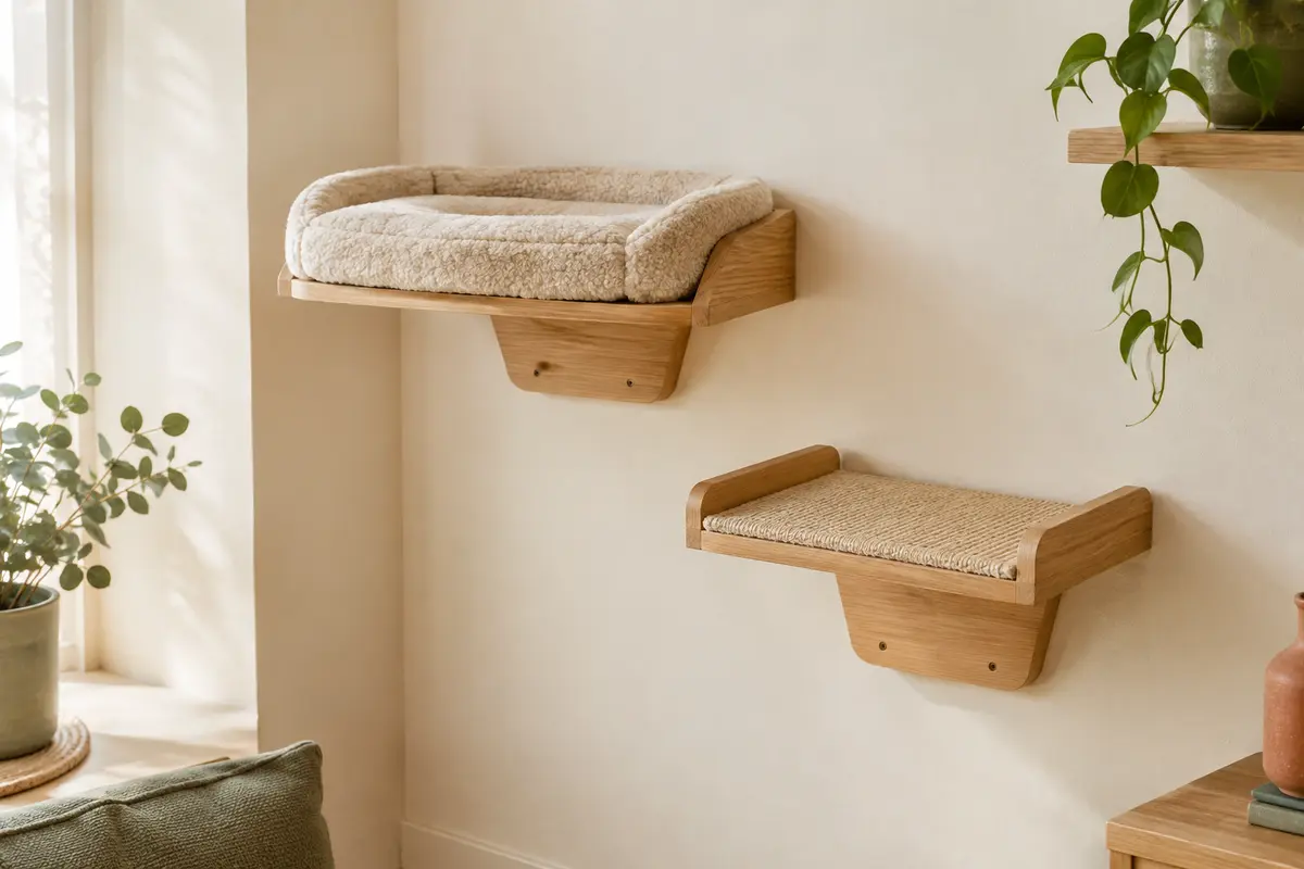 Deux plateformes murales pour chat en bois d’hévéa, avec lit beige en peluche et surface en sisal