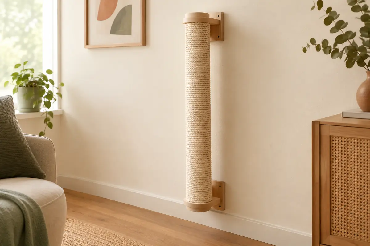 Griffoir mural vertical en sisal naturel et bois installé dans un intérieur lumineux