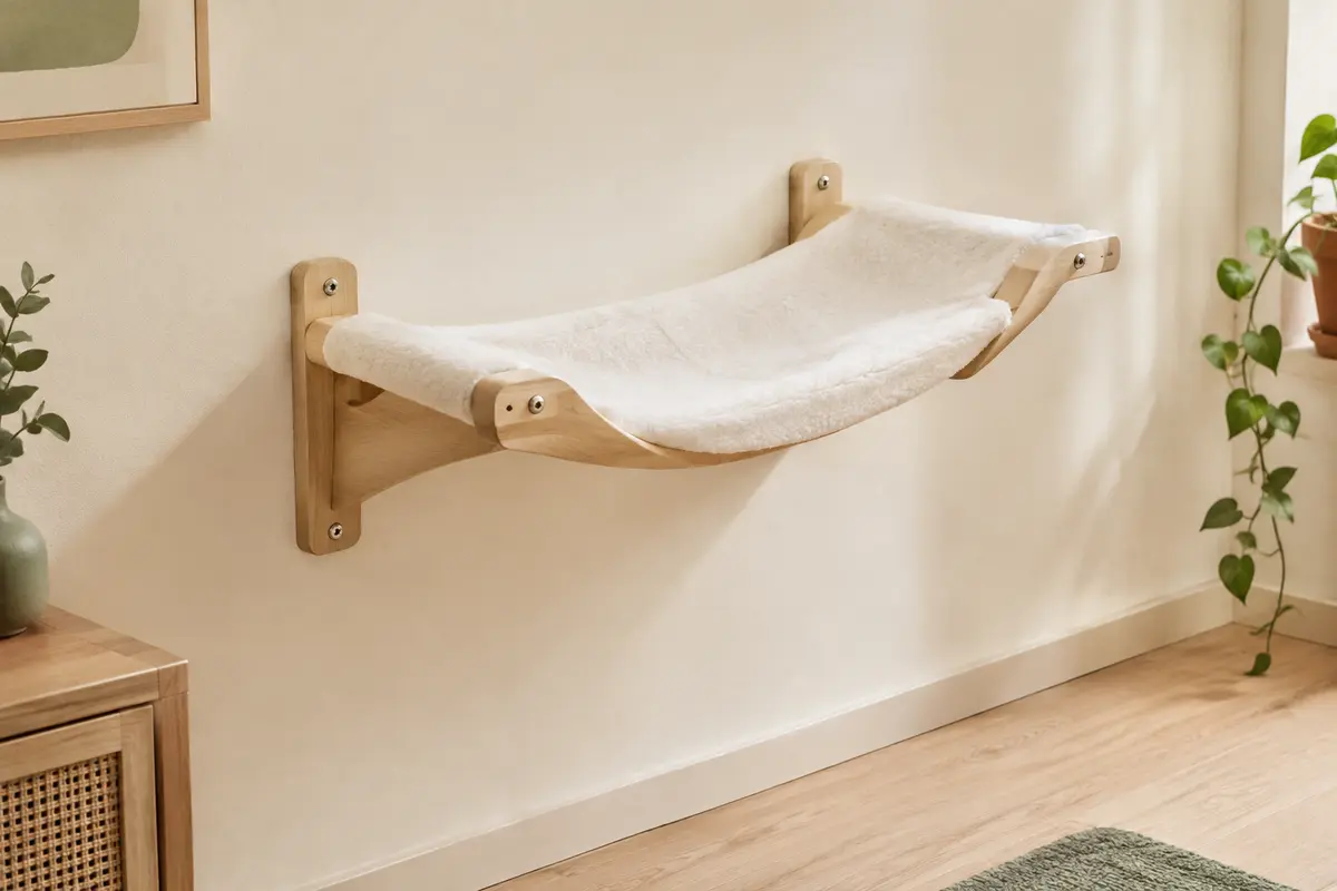 Hamac mural pour chat en bois naturel avec couchage en flanelle blanche, fixé sur un mur crème