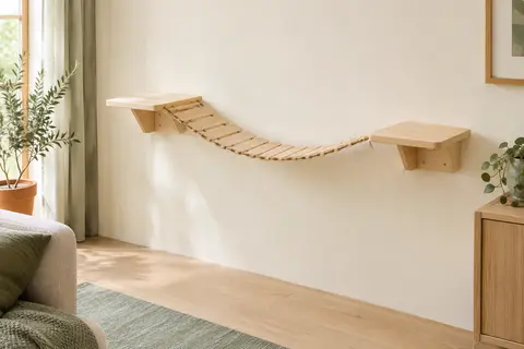 Pont mural pour chat en bois clair : deux plateformes carrées reliées par des lattes et des cordes de jute, fixées sur un mur crème