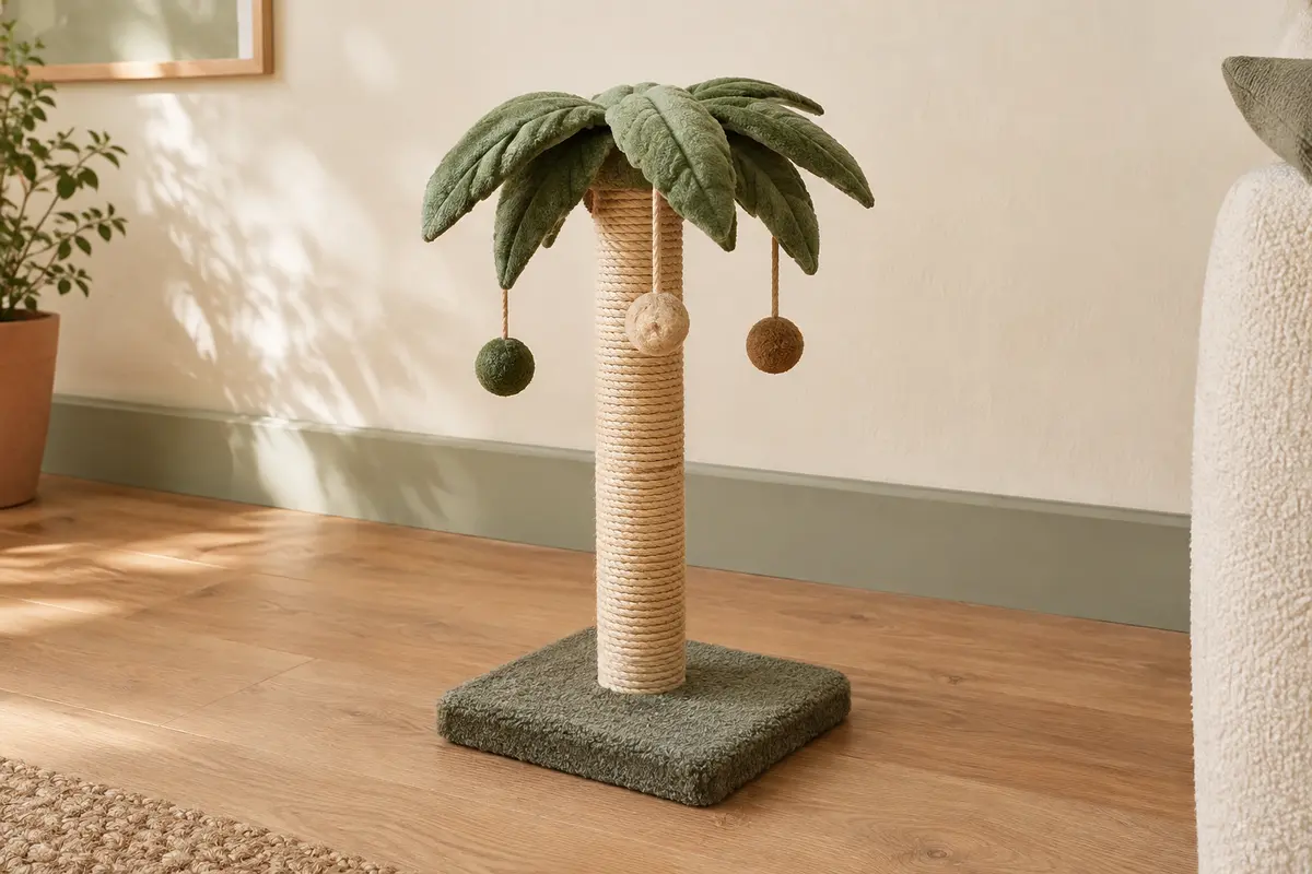 Griffoir Furlogy en forme de palmier avec corde en sisal, feuilles vertes et trois balles de jeu