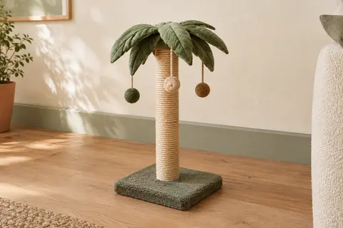 Griffoir Furlogy en forme de palmier avec corde en sisal, feuilles vertes et trois balles de jeu