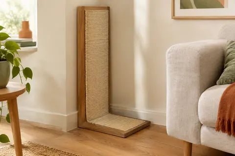 Griffoir Gimars en forme de L, avec surface en sisal beige et cadre en bois, placé près d’un canapé.
