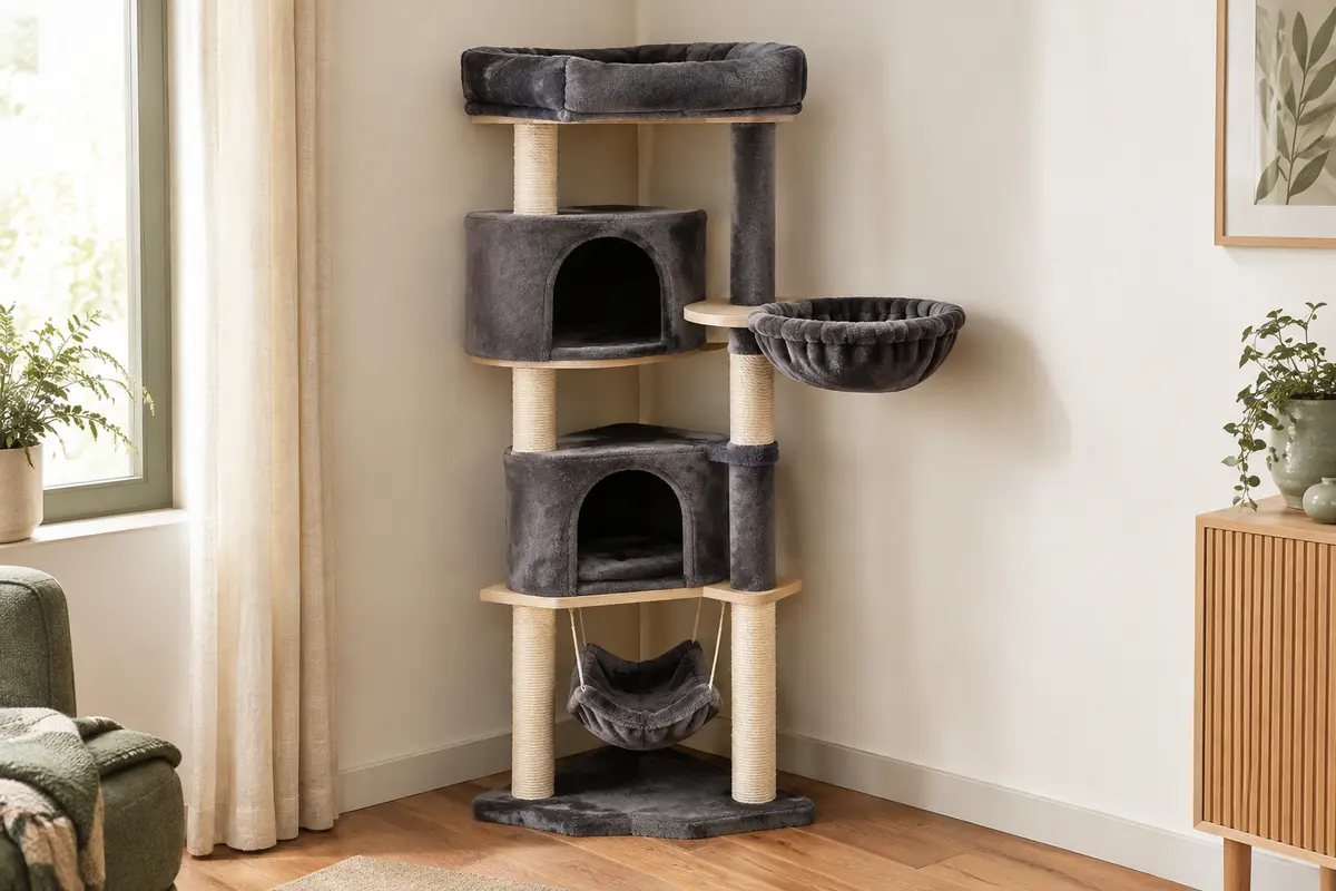 Arbre à chat d’angle Globlazer avec plateforme, niches, hamac et poteaux en sisal dans un intérieur lumineux.