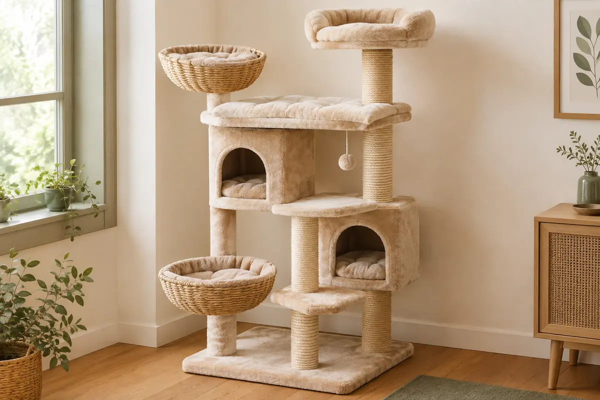 Arbre à chat d’angle beige avec deux niches, deux paniers moelleux et une plateforme rembourrée