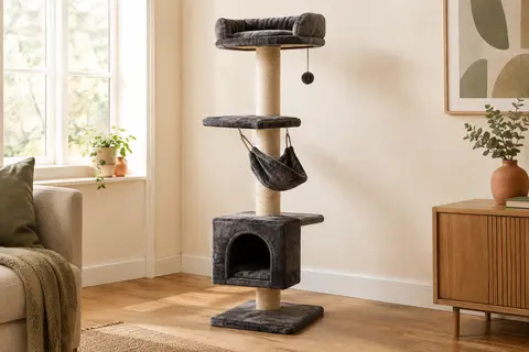 Arbre à chat gris foncé avec hamac en peluche, niche, plateforme et poteau en sisal