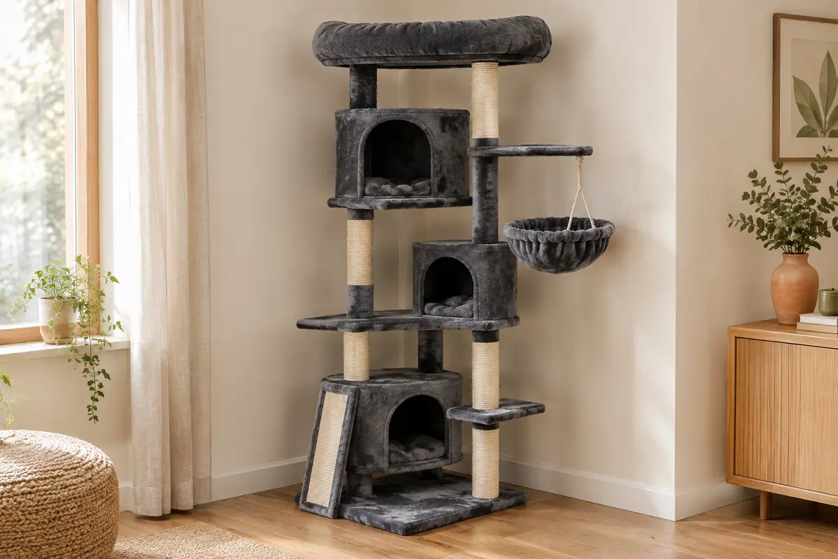 Arbre à chat d’angle gris foncé avec trois niches, une plateforme haute et des griffoirs en sisal