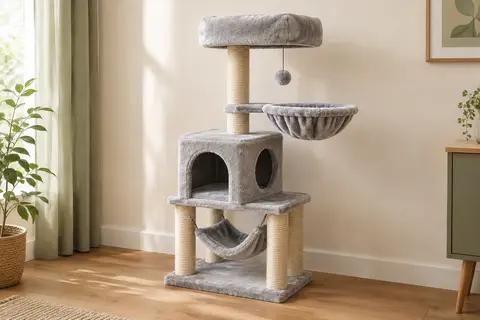Arbre à chat gris clair avec niche à deux entrées, deux hamacs, plateforme moelleuse et poteaux en sisal.