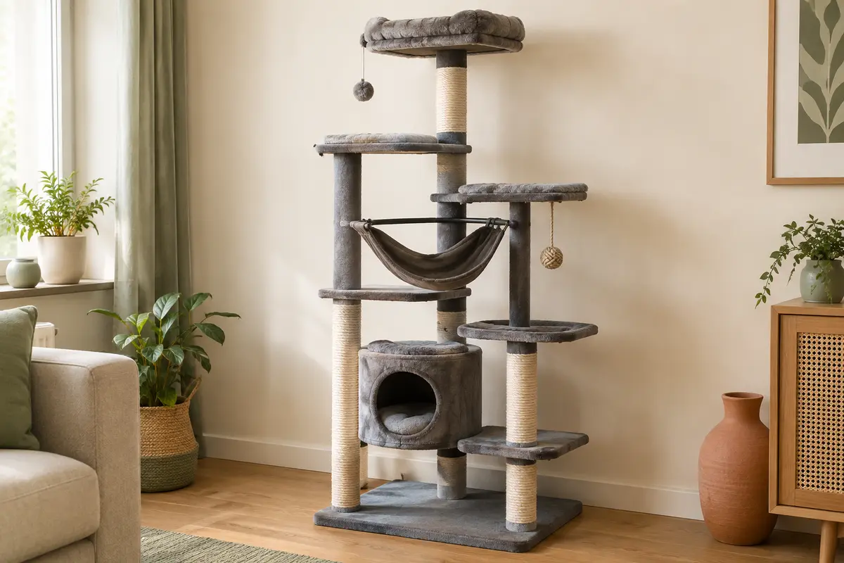 Arbre à chat gris fumé avec plateformes, hamac, condo fermé et poteaux en sisal dans un intérieur lumineux
