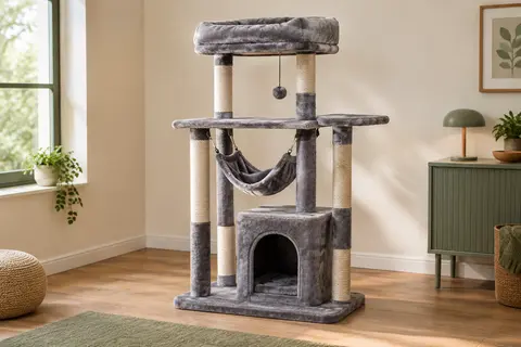 Arbre à chat gris fumé à quatre niveaux avec maison, hamac, plateforme et poteaux en sisal