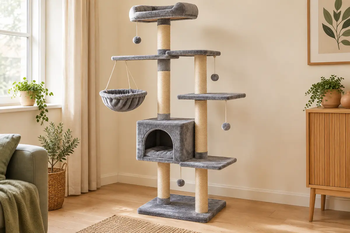 Arbre à chat gris avec poteaux en sisal, plateformes, niche douce, nid suspendu et jouets