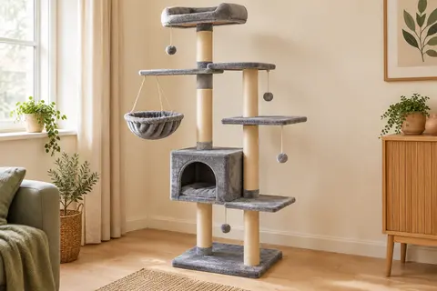 Arbre à chat gris avec poteaux en sisal, plateformes, niche douce, nid suspendu et jouets