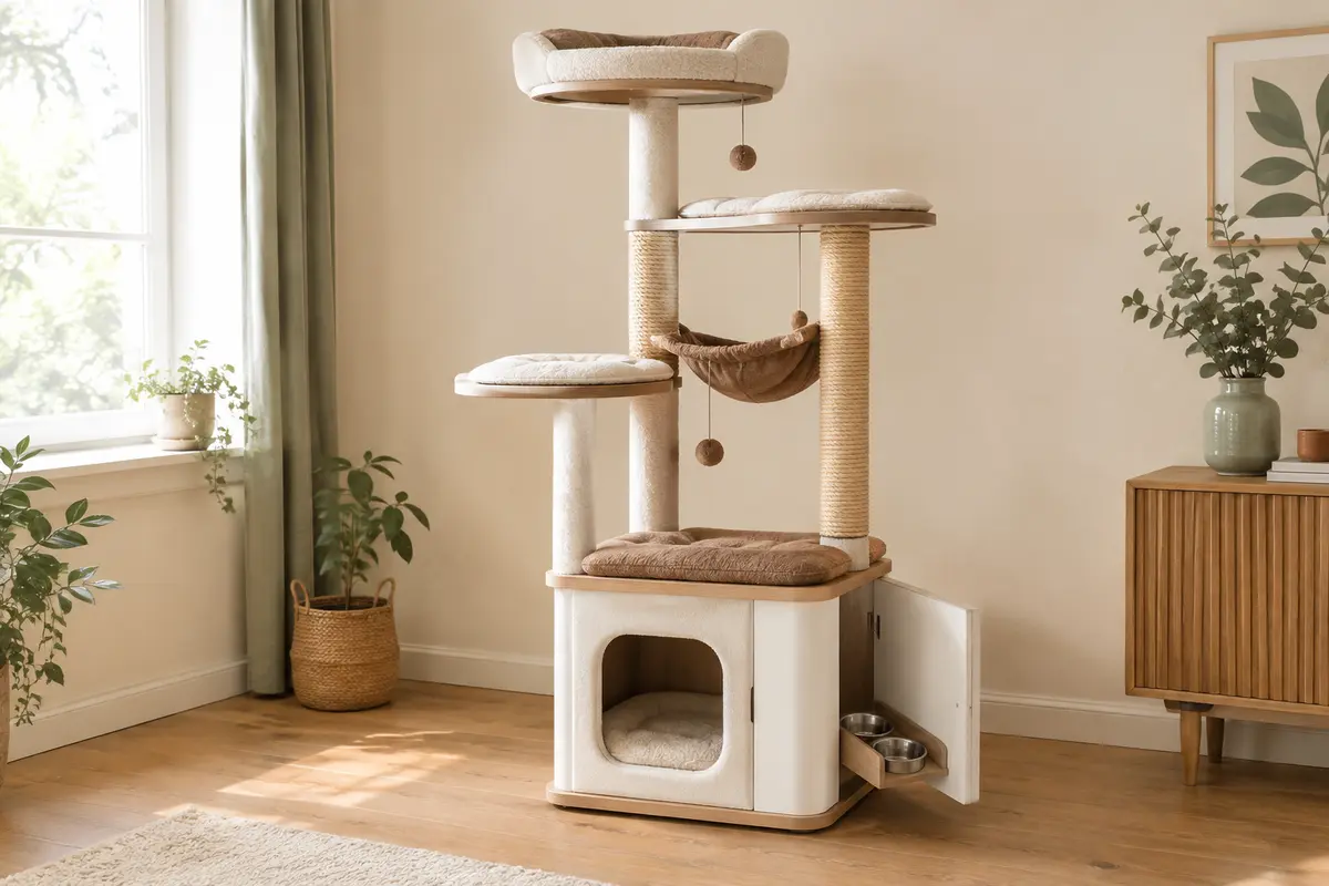 Arbre à chat blanc et marron avec hamac, plateformes, coin repas et meuble à litière fermé