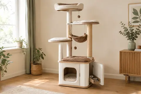 Arbre à chat blanc et marron avec hamac, plateformes, coin repas et meuble à litière fermé