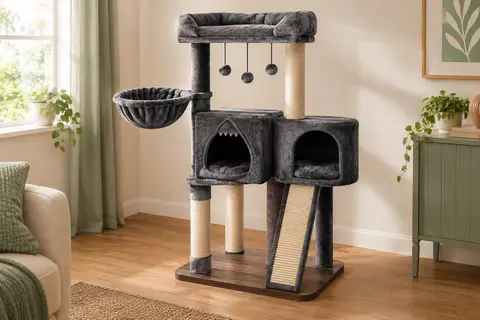 Arbre à chat gris foncé avec niches, panier, plateforme moelleuse et rampe en sisal