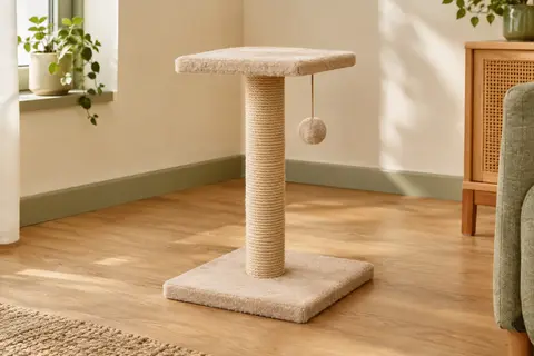Arbre à chat beige avec poteau en sisal, plateforme carrée et balle en peluche