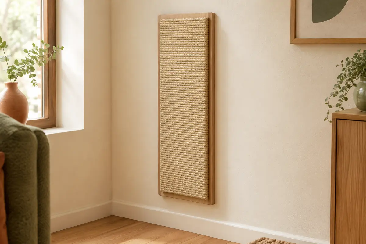 Planche murale beige en sisal tressé fixée sur un mur crème dans un intérieur chaleureux