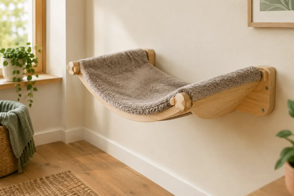 Hamac mural pour chat en bois massif naturel avec une surface de couchage en peluche taupe