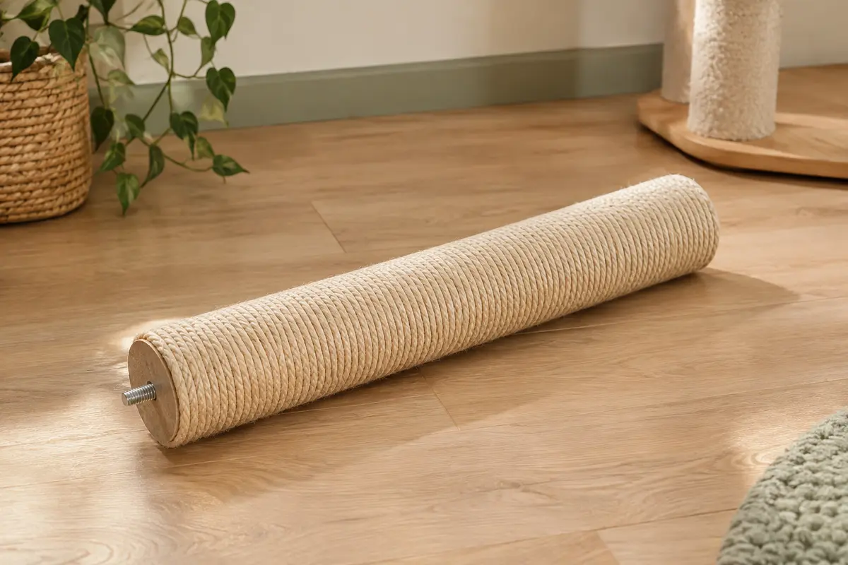 Poteau de rechange beige en sisal naturel, avec son filetage visible, posé dans un intérieur lumineux.
