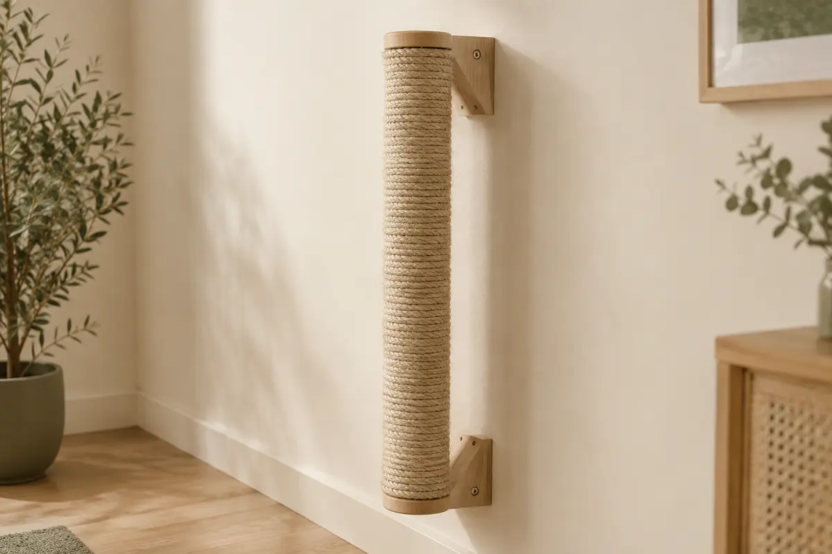 Poteau griffoir mural en sisal naturel fixé au mur avec des équerres en bois massif.