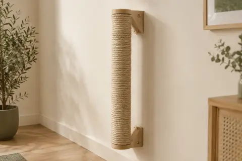 Poteau griffoir mural en sisal naturel fixé au mur avec des équerres en bois massif.