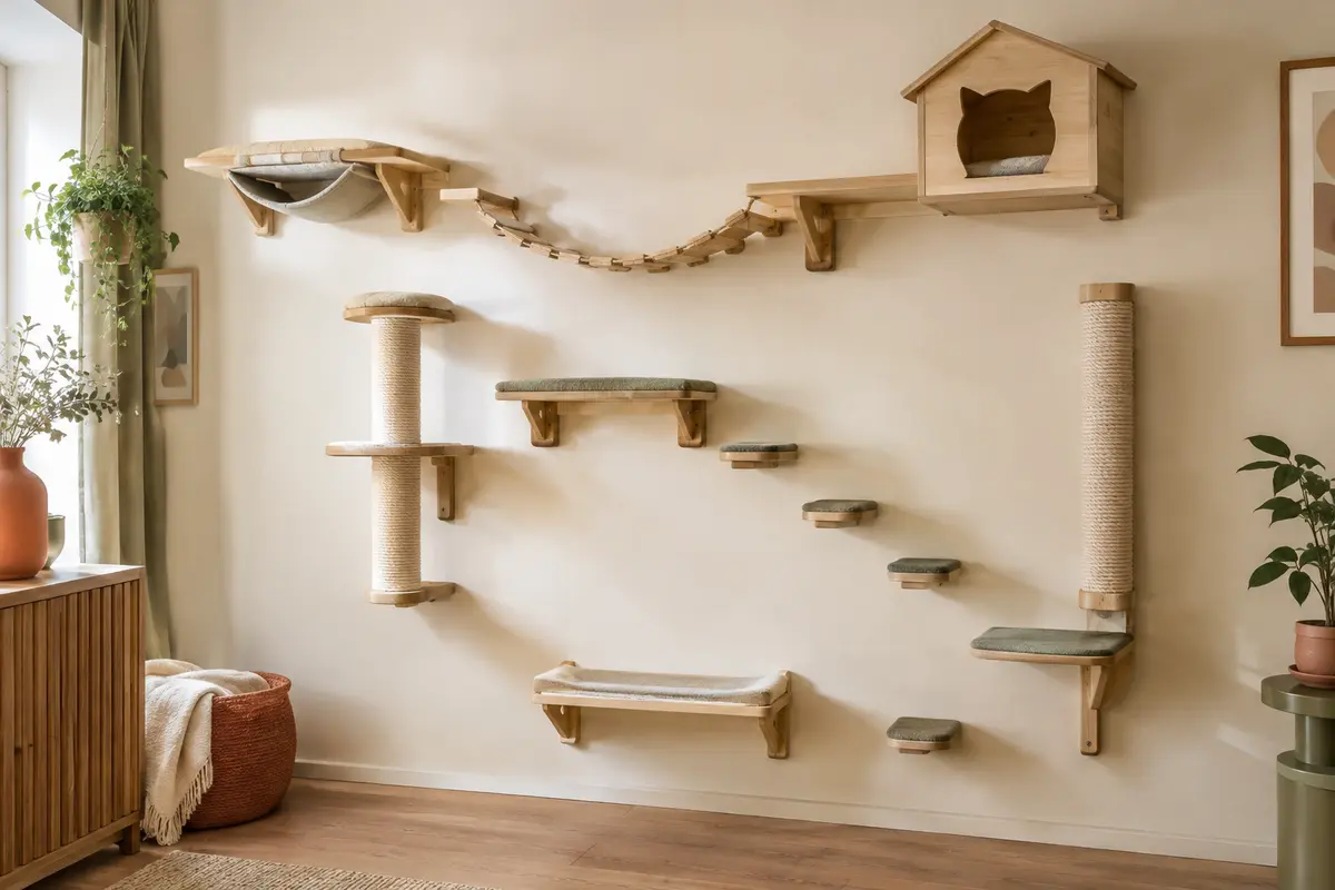 Ensemble mural beige pour chat en bois, avec plateformes, perchoirs, maison et griffoir en sisal