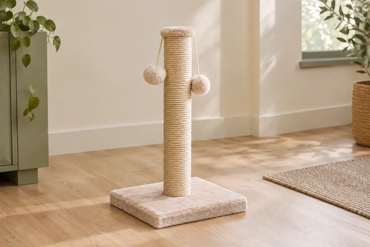 Griffoir beige avec poteau en sisal, base en peluche et deux pompons suspendus.