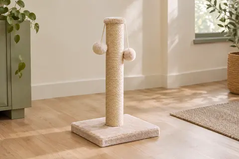 Griffoir beige avec poteau en sisal, base en peluche et deux pompons suspendus.