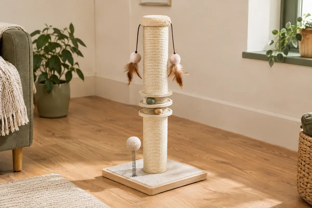 Poteau à griffer Liflix en sisal avec jouets suspendus et pistes à balles, posé dans un intérieur lumineux.