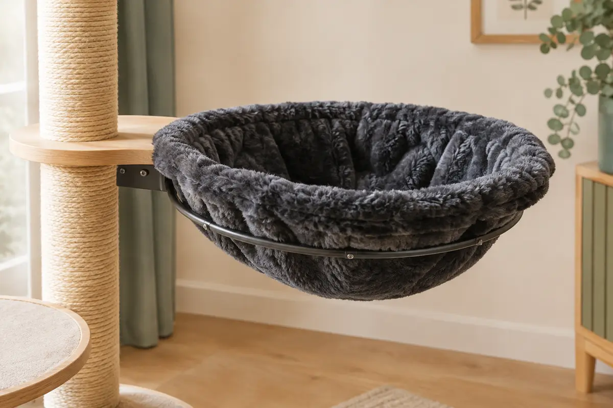 Hamac de rechange Lionto en peluche gris foncé avec cadre métallique, fixé à un arbre à chat.