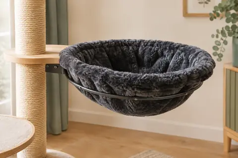 Hamac de rechange Lionto en peluche gris foncé avec cadre métallique, fixé à un arbre à chat.