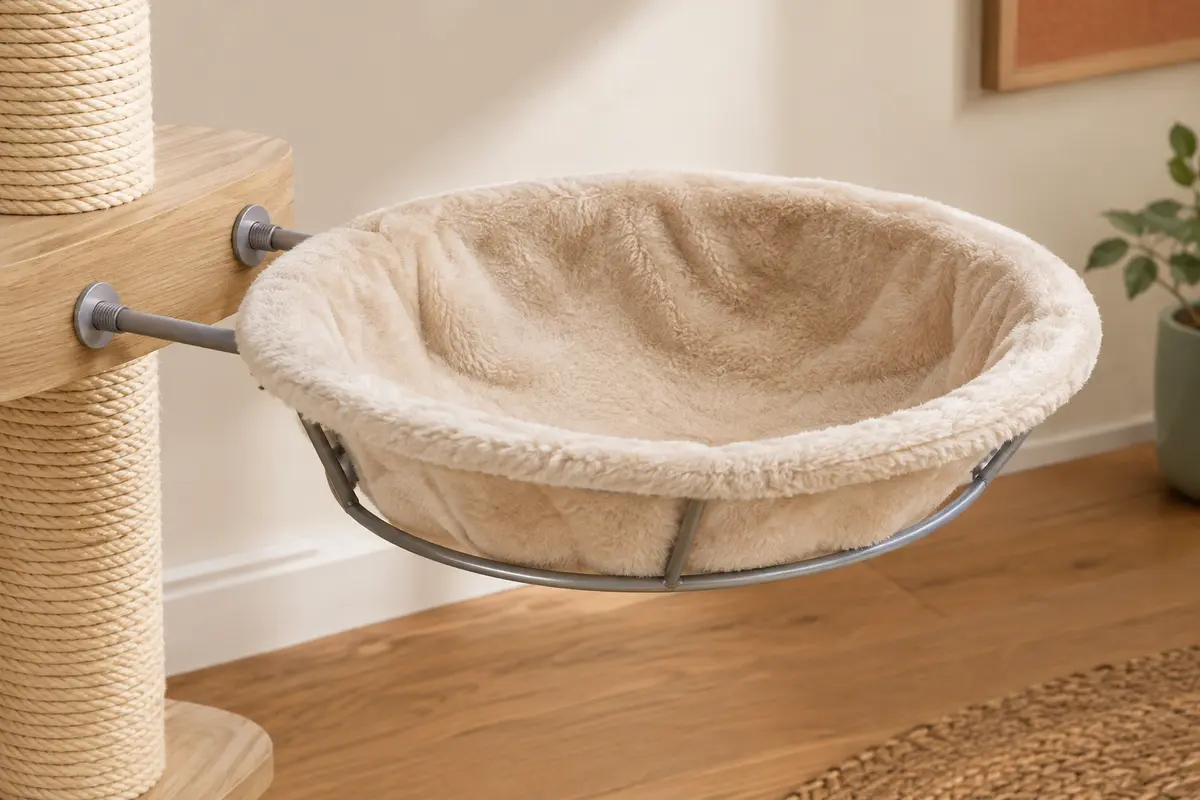 Hamac rond de rechange en peluche beige avec structure métallique et chevilles de fixation visibles