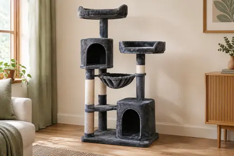 Arbre à chat gris foncé avec deux niches, deux plateformes, hamac en peluche et poteaux en sisal
