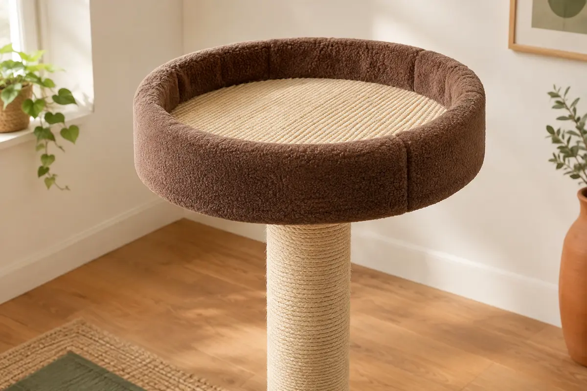 Couchette ronde marron en sisal avec rebord rembourré, installée sur un poteau à griffer