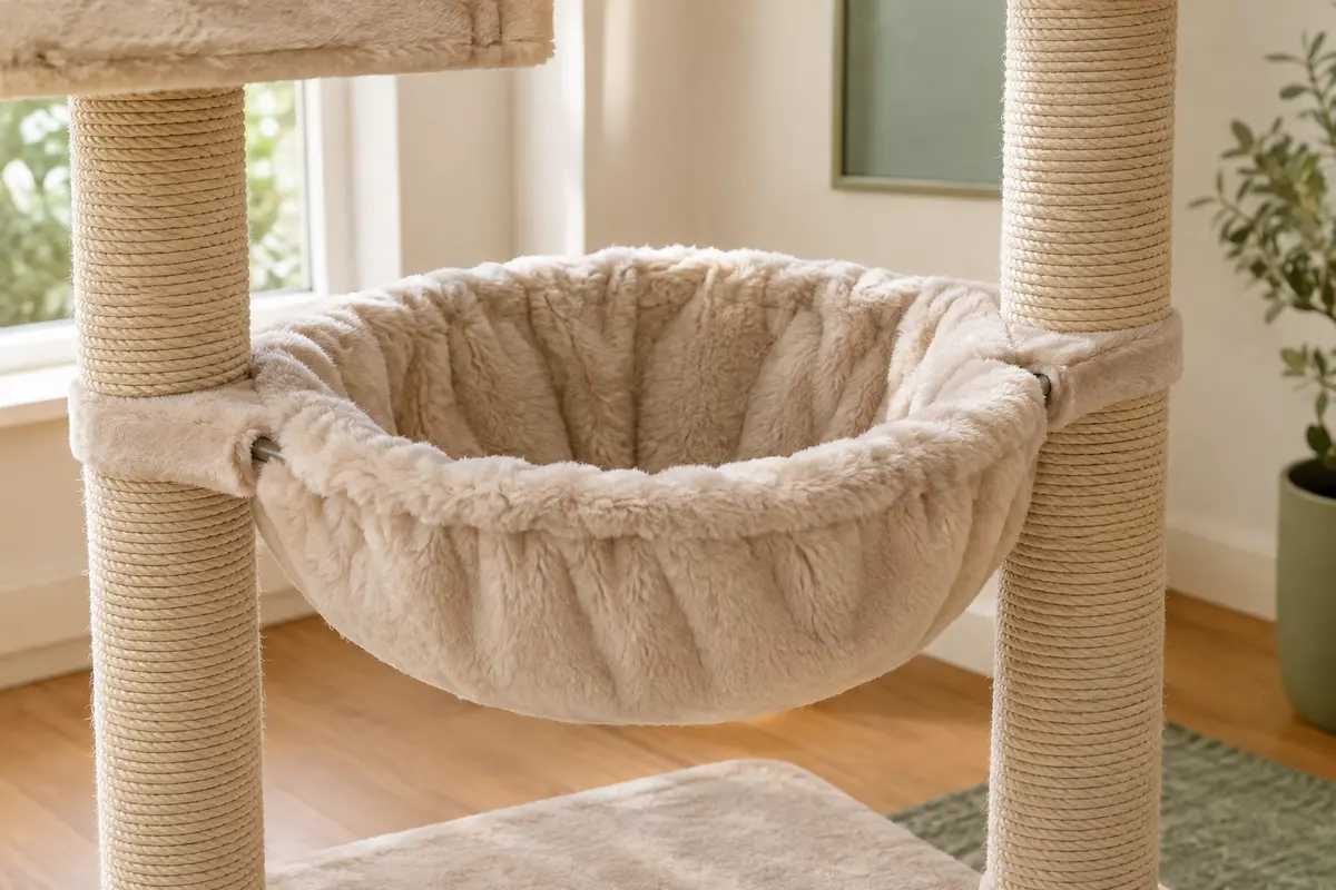 Hamac de rechange beige en peluche double avec armature métallique, installé sur un arbre à chat.
