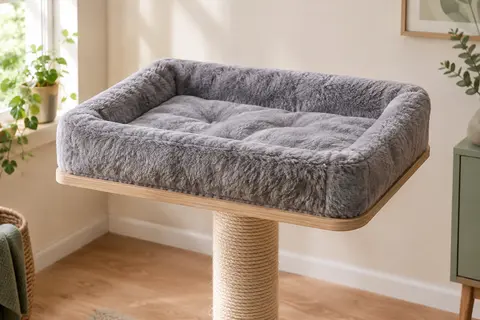 Plate-forme de repos grise en peluche avec coussin, fixée à un poteau à gratter en sisal.