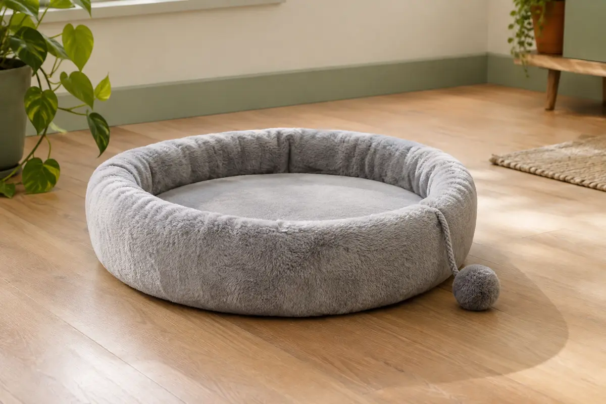 Plateforme ronde en peluche gris clair à rebord rembourré, posée à plat sur le parquet avec sa balle de jeu