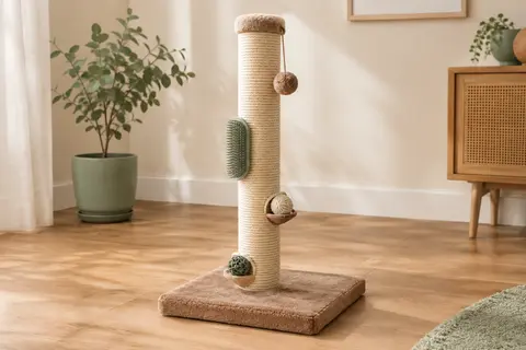 Griffoir poteau brun clair avec corde de sisal, brosse de massage en silicone et balles