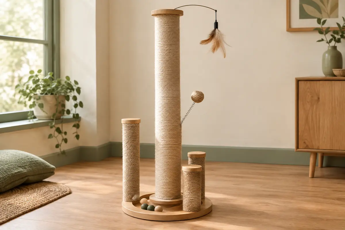 Griffoir poteau en bois naturel et fibres beiges, avec plume rotative, balle sur ressort et piste à billes.