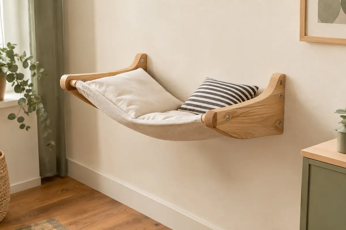 Hamac mural pour chat en bois avec couchage textile et deux coussins sur un mur crème.
