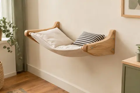 Hamac mural pour chat en bois avec couchage textile et deux coussins sur un mur crème.