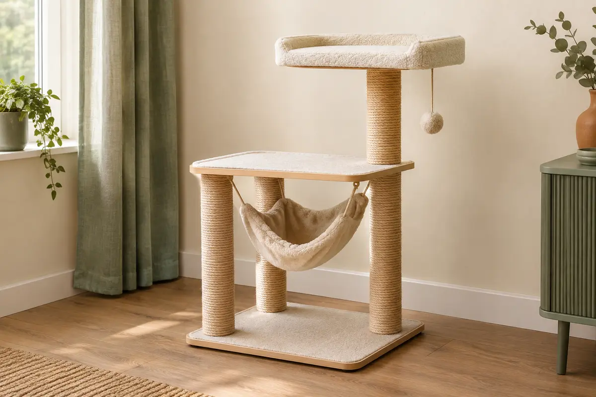 Arbre à chat beige avec hamac, plateforme, poteaux en sisal et balle suspendue