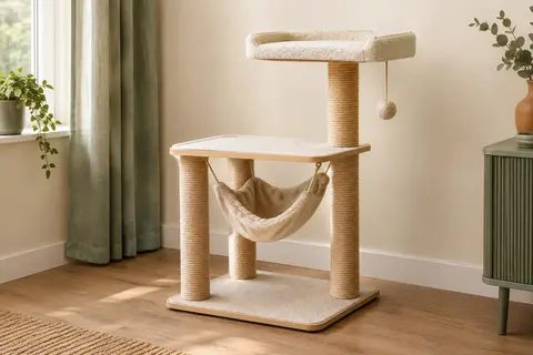 Arbre à chat beige avec hamac, plateforme, poteaux en sisal et balle suspendue